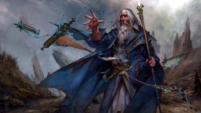 Обои картинки фото master of magic, видео игры, старик, маг, свитки, магия, посох