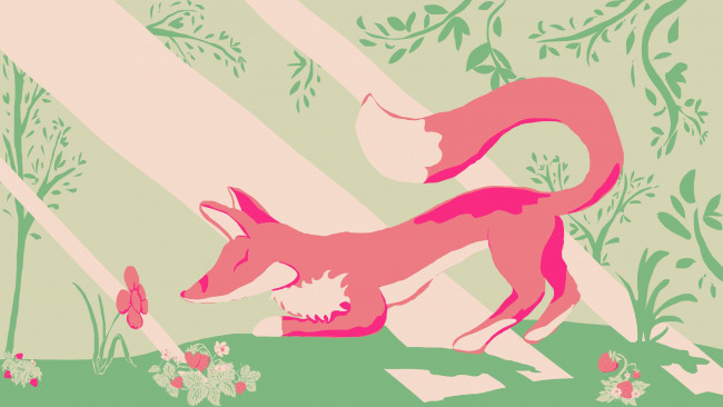 Обои картинки фото векторная графика, животные , animals, лиса, цветок, лучи, земляника