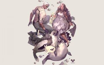 Картинка аниме животные +существа семья тюлени