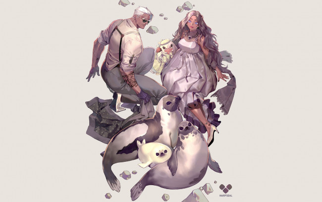 Обои картинки фото аниме, животные,  существа, семья, тюлени