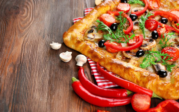 обоя еда, пицца, перец, маслины, квадратная, шампиньоны