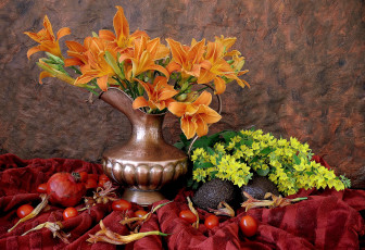 Картинка еда натюрморт помидоры лилейник гранат авокадо