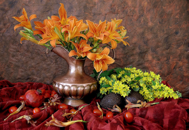 Обои картинки фото еда, натюрморт, помидоры, лилейник, гранат, авокадо