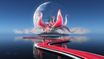 Картинка artur+rosa 3д+графика фантазия+ fantasy дорога вода гигантский мир иной девушка будущее цветок