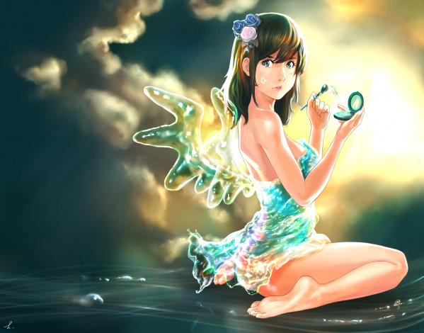 Обои картинки фото фэнтези, феи, волны, девушка, пудреница, зеркальце