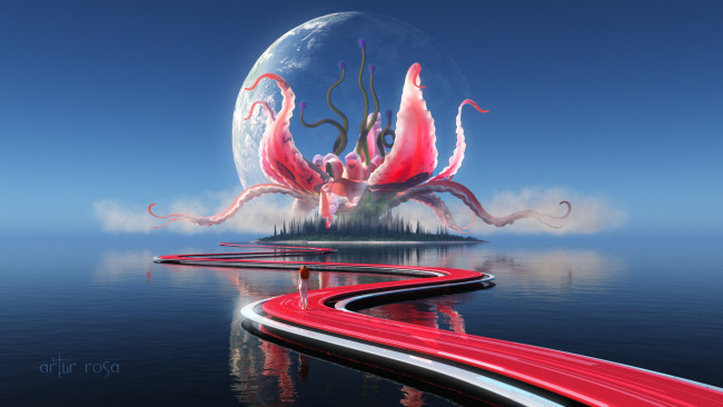 Обои картинки фото artur rosa, 3д графика, фантазия , fantasy, дорога, вода, гигантский, мир, иной, девушка, будущее, цветок