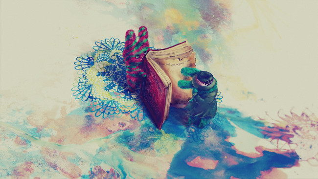 Обои картинки фото рисованные, животные,  сказочные,  мифические, текст, человечек, книга