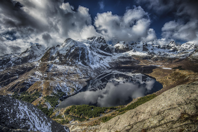 Обои картинки фото природа, горы, пейзаж, дорога, озеро, вершины