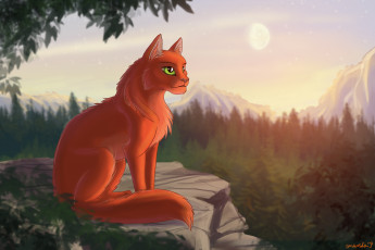 Картинка рисованное животные +коты закат горы кот