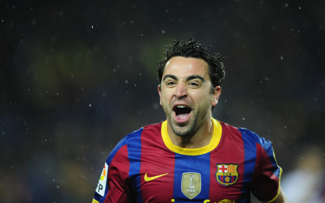Обои картинки фото спорт, футбол, xavi, hernandez, игрок, спортсмен, футболист, барселона, дождь, крик