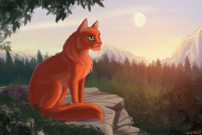 Обои картинки фото рисованное, животные,  коты, закат, горы, кот