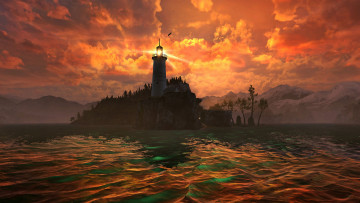 Картинка 3д+графика море+ sea скалы горы облака небо море маяк