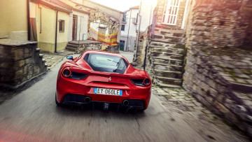 Картинка автомобили ferrari феррари улица дома gtb 488 красный