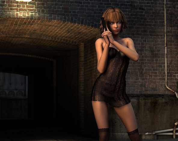 Обои картинки фото 3д графика, фантазия , fantasy, оружие, фон, девушка, взгляд