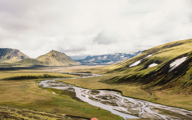 Обои картинки фото природа, пейзажи, река, горы, облака, небо, ручей