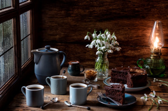 Картинка еда натюрморт вкусно ландыши цветы чай тортик