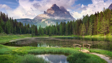 Картинка природа реки озера озеро деревья лес горы мостик