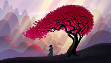 Картинка векторная+графика природа+ nature artwork samurai man leaves hills tree art kimono branches