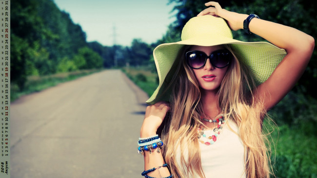 Обои картинки фото календари, девушки, шляпа, взгляд, очки, дорога
