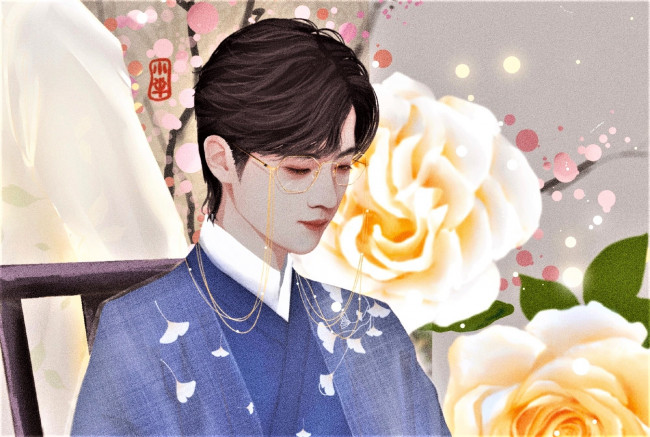 Обои картинки фото рисованное, люди, сяо, джань, костюм, цветы, очки