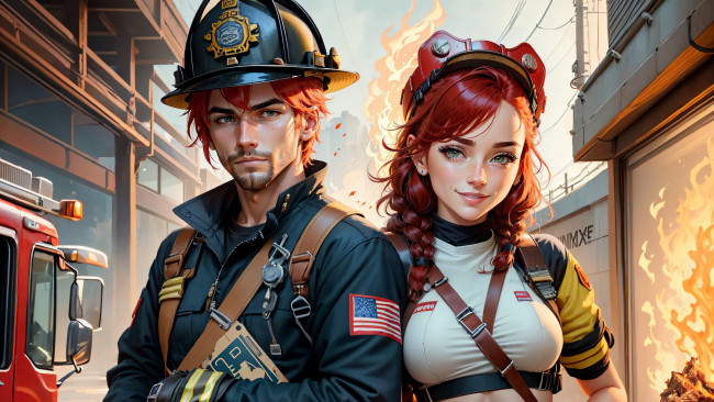 Обои картинки фото рисованное, люди, нейросети, графика, нейроарт, ai, art, нейронные, сети, рисунки, нейро, искусство, девушка, пожарная