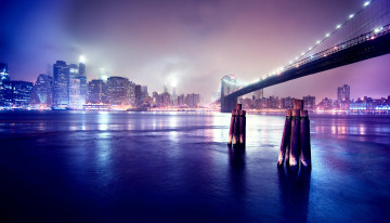 обоя города, нью-йорк , сша, мост, река, дома, здания, огни