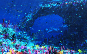 обоя 3д графика, море , sea, море, арка, скала, дно, рыбы, животные, водоросли