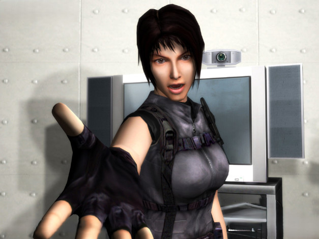 Обои картинки фото видео игры, breakdown, девушка, перчатка, форма, камера, монитор