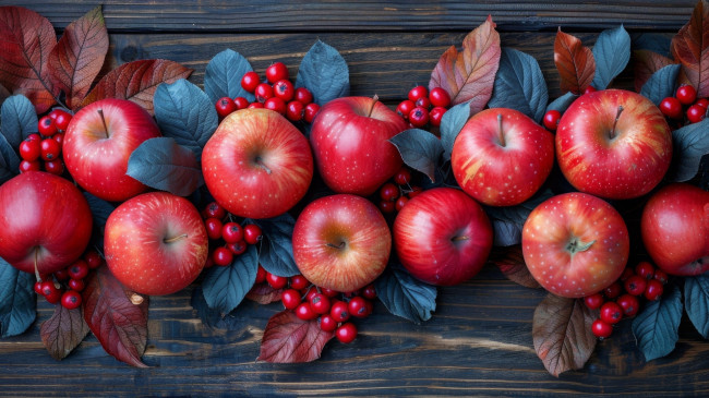 Обои картинки фото 3д графика, еда-, food, листья, ягоды, яблоки