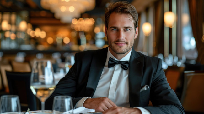 Обои картинки фото 3д графика, люди , people, элегантный, шатен, бабочка, ресторан