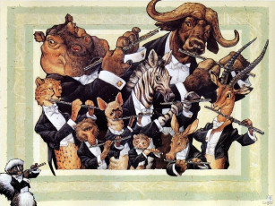 Картинка рисованные животные бегемот бык антилопа гепард зебра гиена кабан лемур обезьяна россомаха