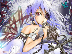 Картинка аниме headphones instrumental микрофон повязка бабочка девушка