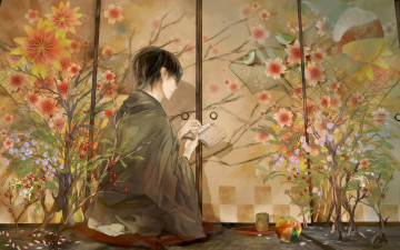 Картинка аниме *unknown другое книга цветы мужчина