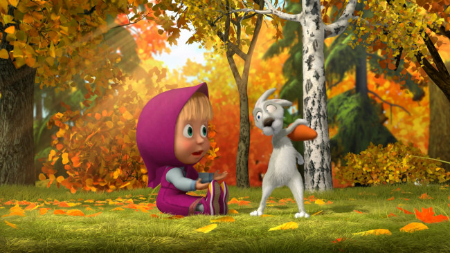 Обои картинки фото маша, медведь, мультфильмы, заяц, морковь, лес