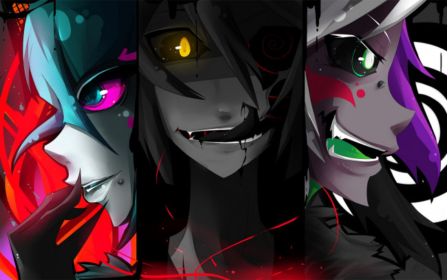 Обои картинки фото аниме, angels, demons, пирсинг, демоны, троица