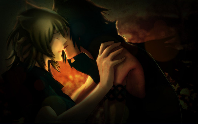 Обои картинки фото аниме, lamento, поцелуй