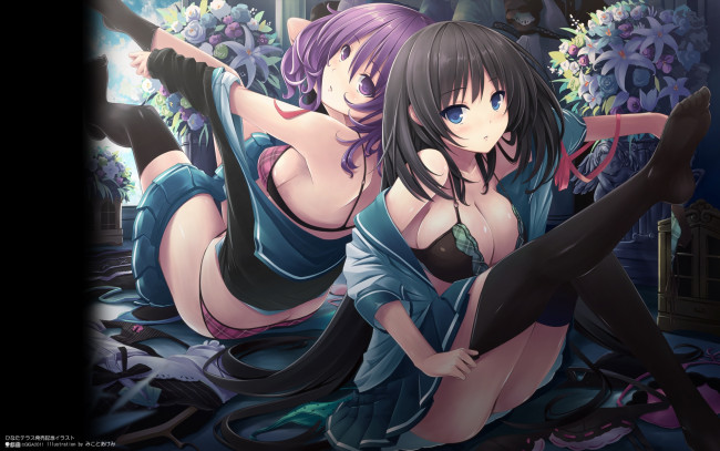 Обои картинки фото аниме, *unknown, другое, девушки, цветы, школьная, форма