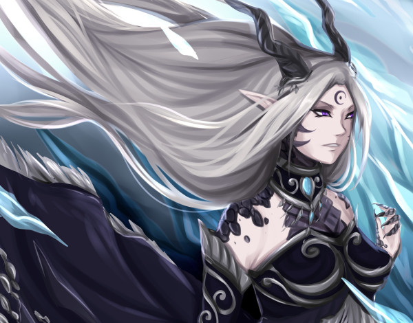 Обои картинки фото фэнтези, существа, арт, девушка, рога, волосы, когти, чешуя