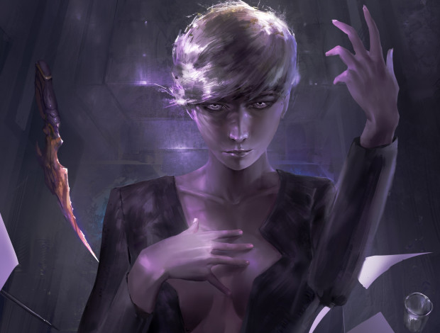 Обои картинки фото фэнтези, девушки, арт, девушка, декольте, рука, фантастика, предметы, телекинез