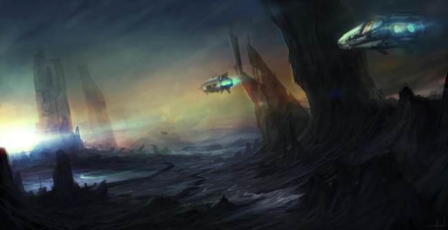 Обои картинки фото фэнтези, космические корабли,  звездолеты,  станции, звездолеты, планета, чужая, мир, иной, площадка, взлетная