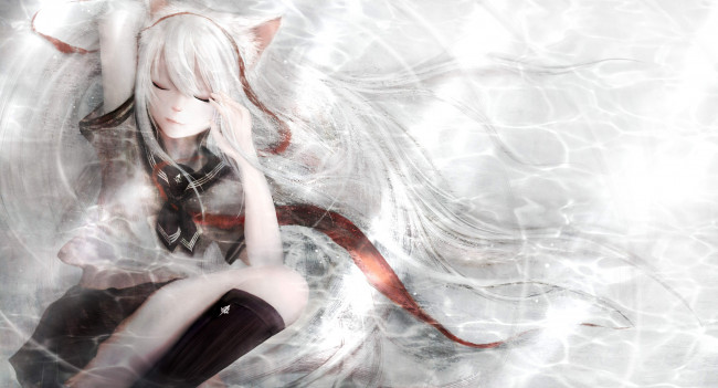 Обои картинки фото аниме, -animals & creatures, ушки, неко, улыбка, девушка, zhang, xiao, bo, art, матроска, волосы