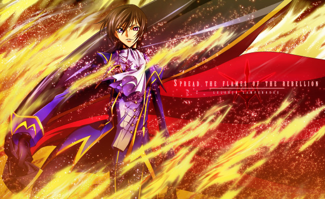 Обои картинки фото аниме, code geass, парень, код, гиасс, искры, огонь, пламя