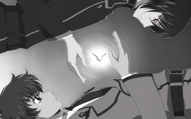Обои картинки фото аниме, code geass, код, гиасс, чёрно-белая, парни