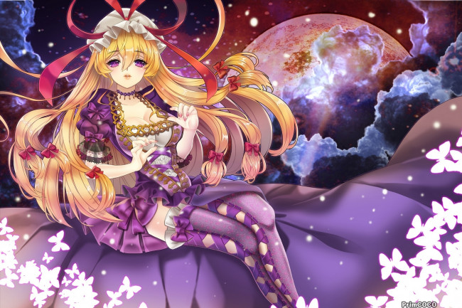 Обои картинки фото аниме, touhou, бабочки, полнолуние, платье, взгляд, жест, грудь, yakumo, yukari, девушка, primcoco, art