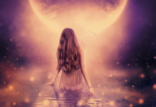 Обои картинки фото фэнтези, фотоарт, луна, волосы