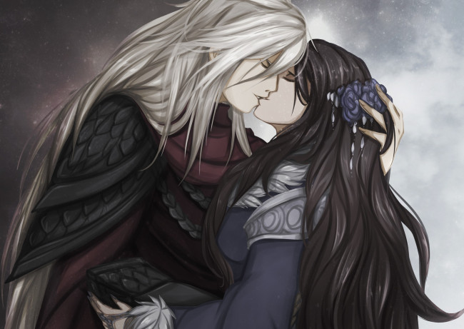 Обои картинки фото фэнтези, люди, арт, парень, девушка, поцелуй, длинные, волосы