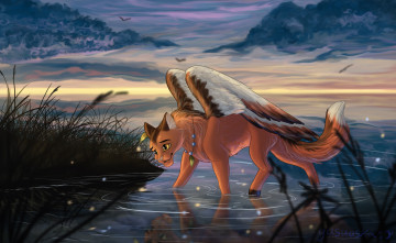 Картинка рисованное животные +сказочные +мифические крылья вода фон взгляд кот