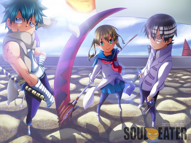 Обои картинки фото soul eater, аниме, death, the, kid, elizabeth, thompson, soul, eater, evans, nakatsukasa, tsubaki, black, star, maka, albarn, patricia, оружие, парни, фон, взгляд, девушка