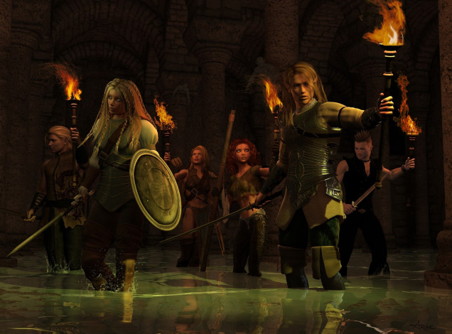 Обои картинки фото 3д графика, фантазия , fantasy, люди, эльф, факелы, оружие, вода