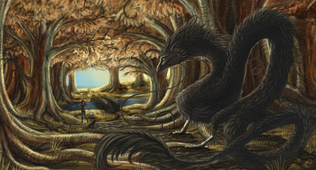 Обои картинки фото рисованное, животные,  сказочные,  мифические, девушка, взгляд, фон, собачка, лес, река, мост, дракон